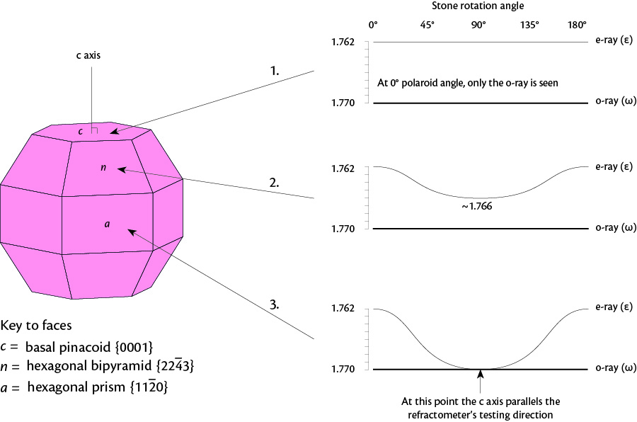 Figure 2. RI readings for different faces on corundum. Corundum is uniaxial negative. Illustration ©&nbsp;Richard W. Hughes
