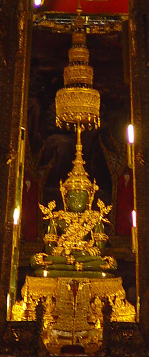 A close up of the Emerald Buddha in summer attire. Photo: Wikipedia