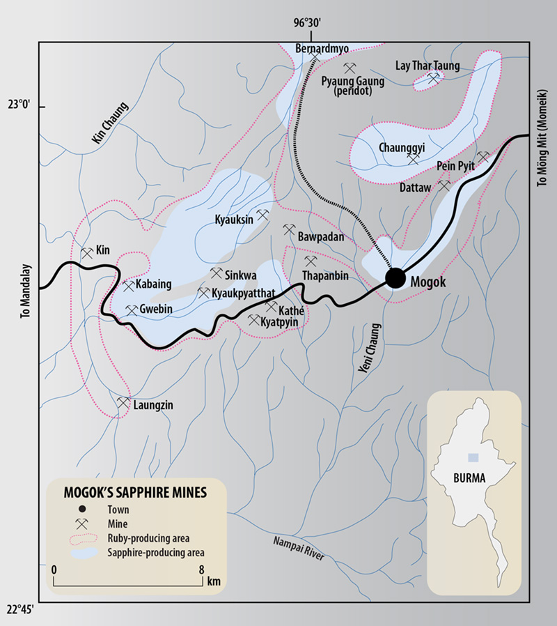 Map of the sapphire-producing regions of Burma's Mogok Stone Tract.