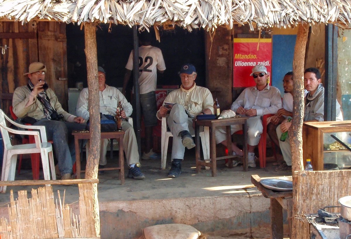 The Insane Gem Posse enjoying a few semi-cool ones in Majimaji, after a hard day beating the bush for sapphires in the Tunduru area. Left to right: Vincent Pardieu, Richard Hughes, Monty Chitty, Warne Chitty, Michael Rogers and the Franco-Mada love bunny, Sir Guji Soubiraa