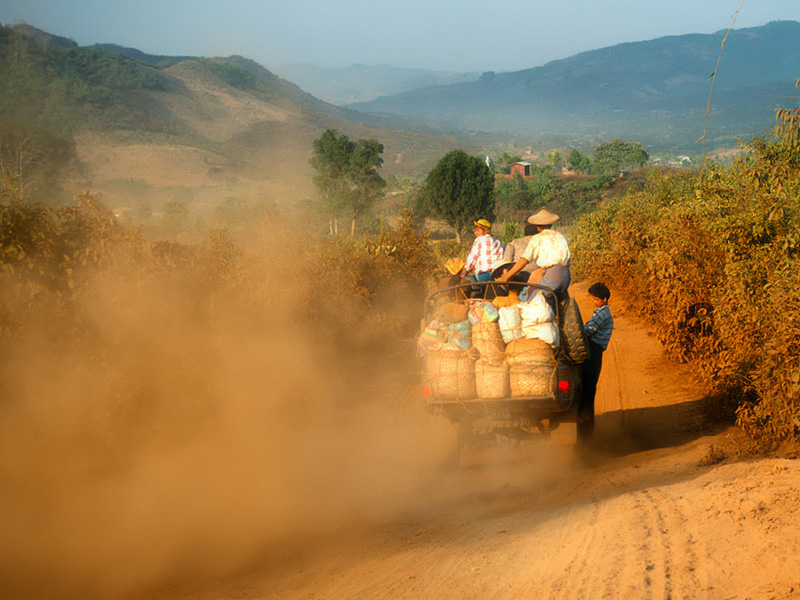 In the dry season, mud turns to dust, a fine powder that coats every exposed surface and makes life miserable. Road between Hweka and Hpakan