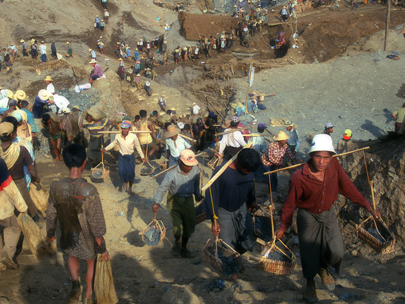Building the pyramids Over 10,000 miners snake up the hillside at Hpakangyi.