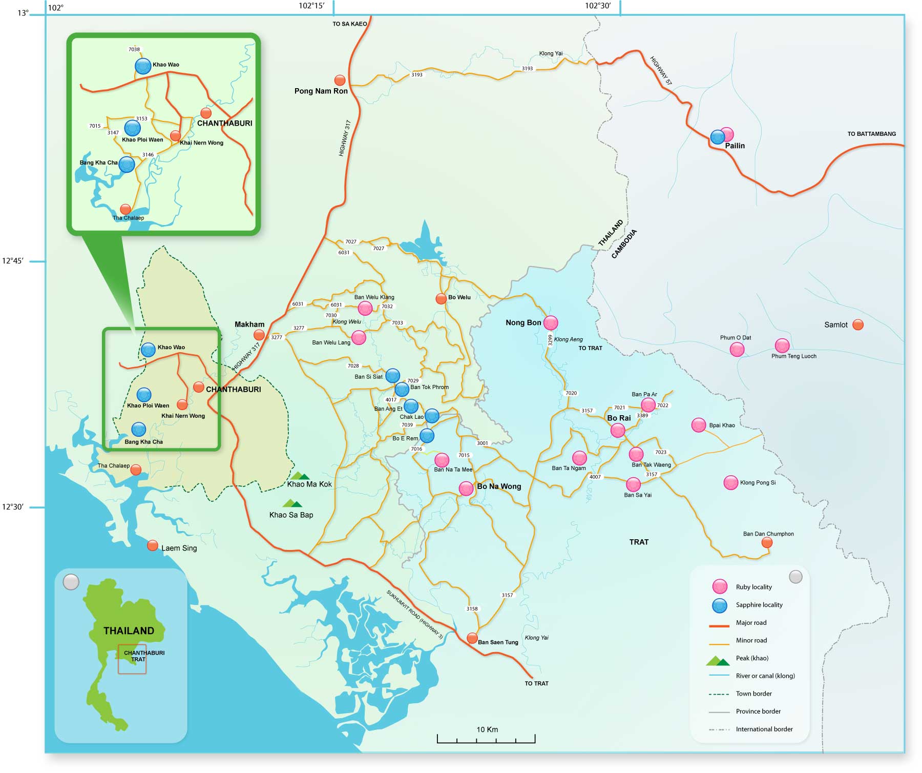 Map of Chanthaburi and Trat, showing the position of the gem mines