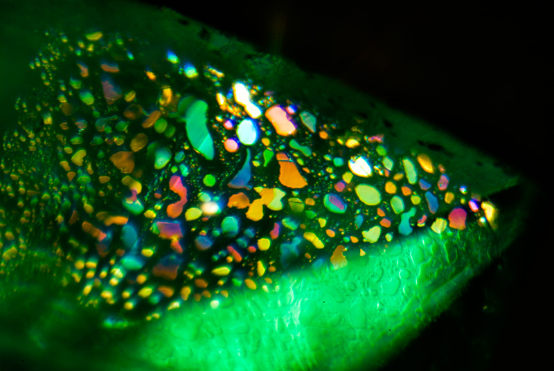 Lotus Gemology Bangkok: One of the most diagnostic features seen was thin liquid films lying on the basal plane, seen here with both reflected and transmitted light. Specimen courtesy of Tsar Emeralds Corp.; photo: John Koivula