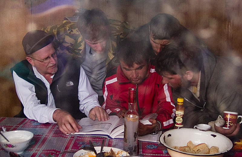 Richard Hughes with miners at Snezhny