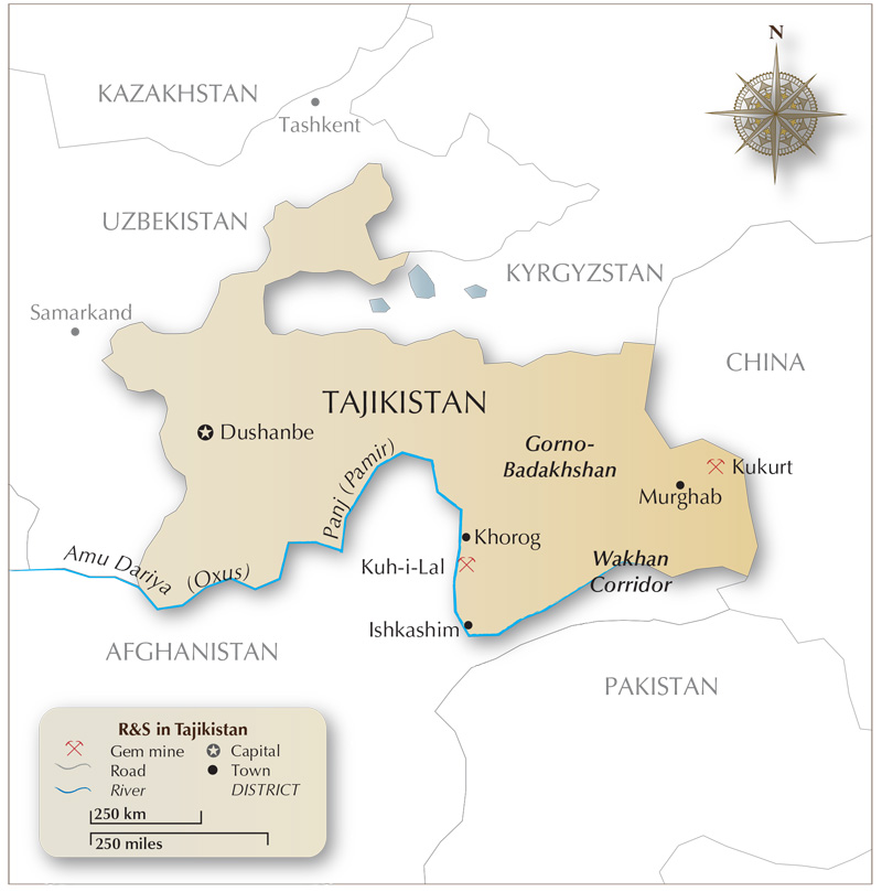 Map of Tajikistan, showing the location of the spinel mines at Kuh-i-Lal and the ruby mines at Kukurt (Snezhny). Map: Richard W. Hughes